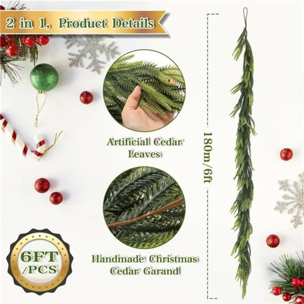 2 Pcs 6 Ft Artificial Norfolk Pine Garlands, Real Touch Christmas Garland with